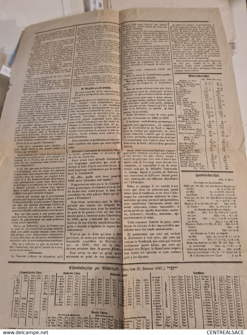 Papier Timbre Français 1867 SUR JOURNAL DAS LAND POLITISCHE LUXEMBURG LUXEMBOURG - Fiscale Zegels