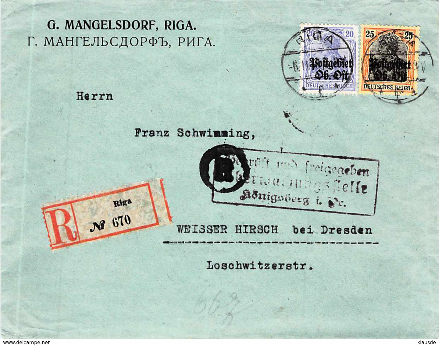 MiNr.8+9 Reco Riga - Dresden AKS 1918 Zensur Besetg.WK I. Ob.-Ost - Occupation 1914-18