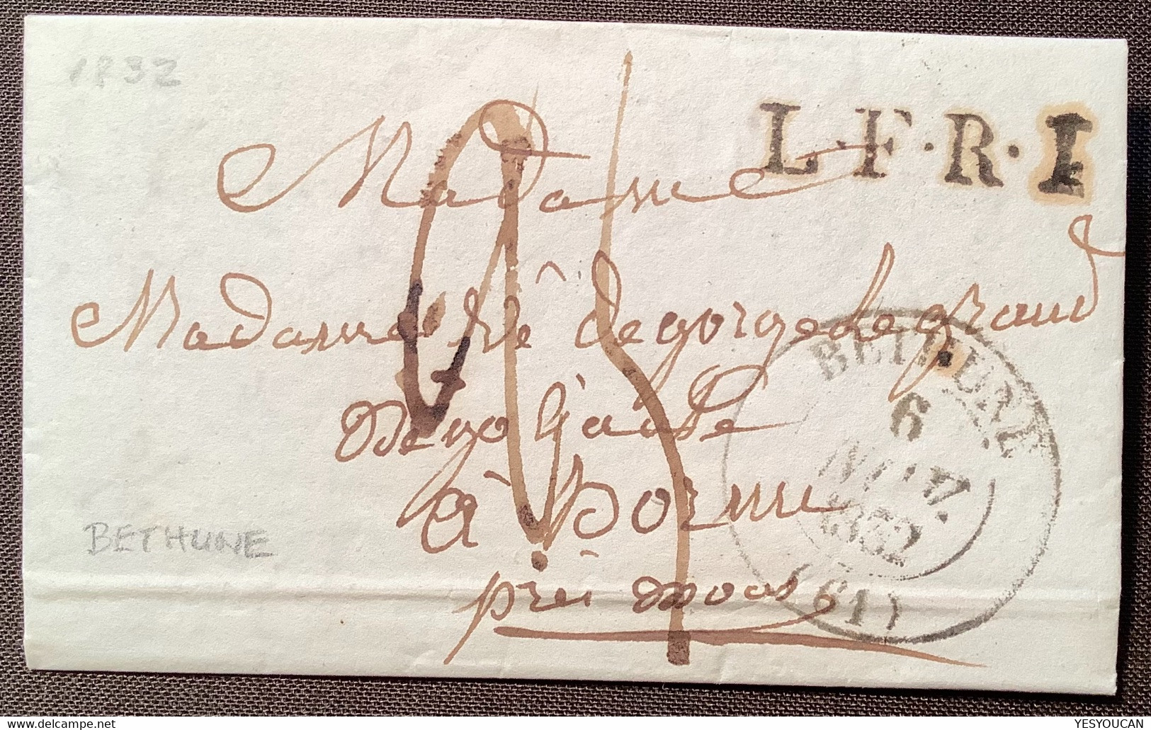 1832 FRANCE PAR MONS Marque D’ échange Lettre BETHUNE 61 NORD>Grand Hornu Belgique (L.F.R.1 Belgium Cover Prephilatelie - 1801-1848: Précurseurs XIX
