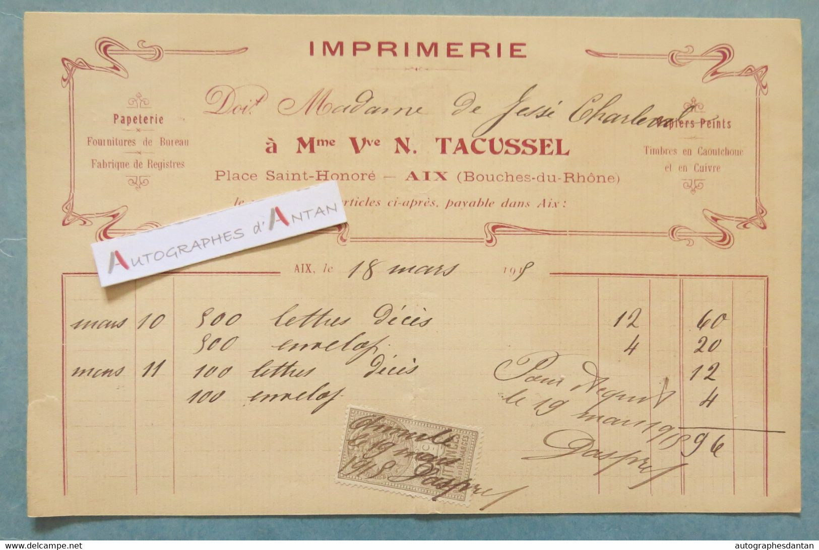 ● Imprimerie TACUSSEL Facture 1915 - AIX En Provence Place Saint Honoré -  à Mme De Jessé Charleval - Lettres Décès - Imprimerie & Papeterie