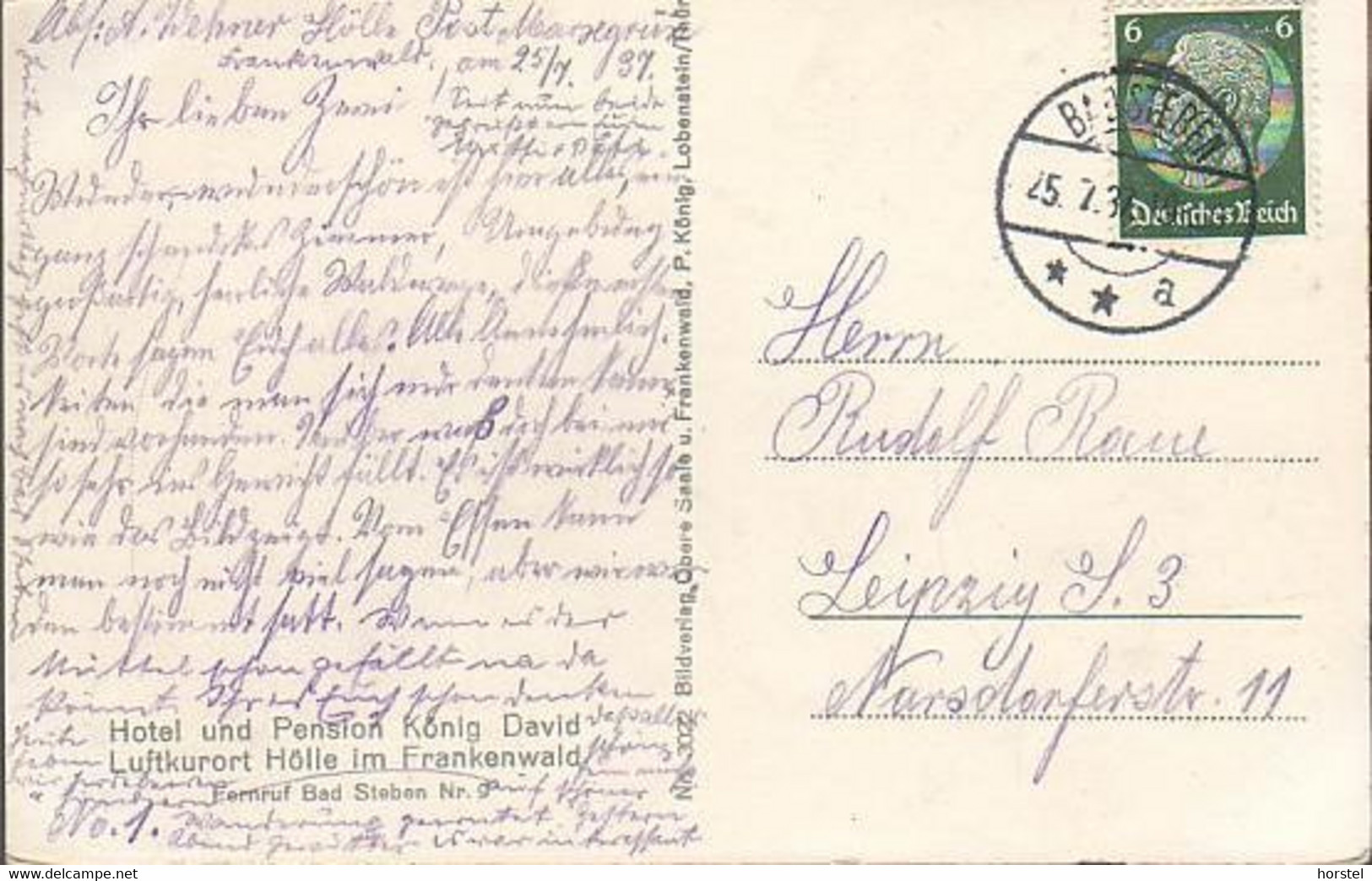 D-95119 Naila - Luftkurort Hölle - Frankenwald - Hotel König David - Stamp 1937 - Naila