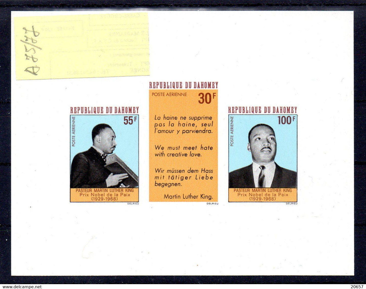 Benin Dahomey A 075/77 Epreuve De Luxe Pasteur Martin Luther King , Prix Nobel De La Paix - Martin Luther King