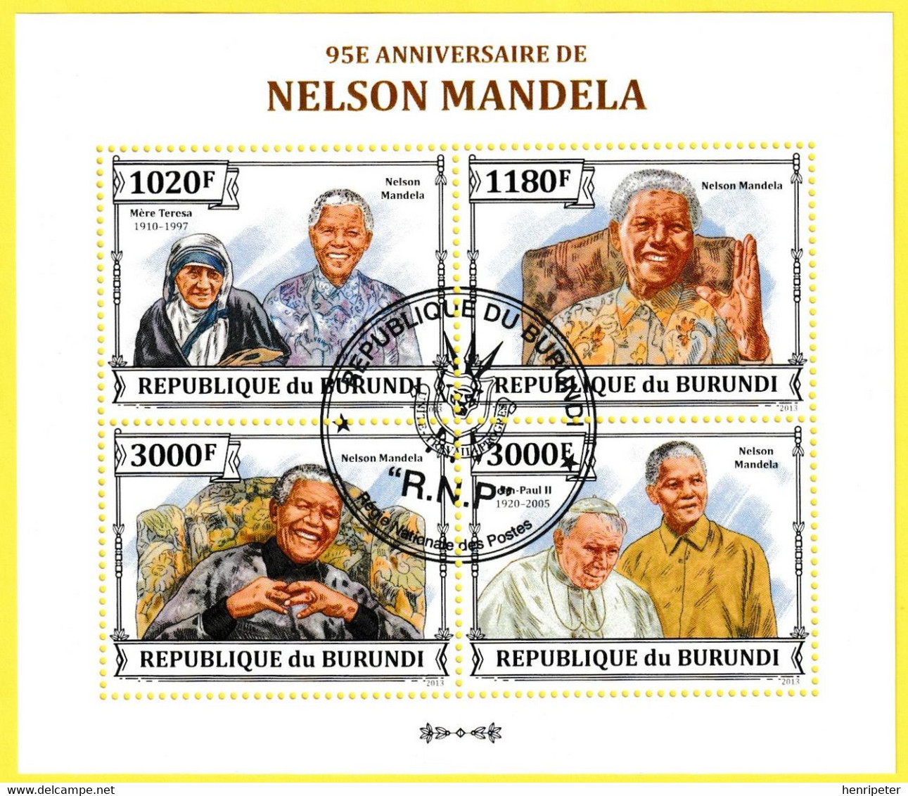 Petite Feuille De 4 Timbres-poste Dentelés Oblitérés - 95e Anniversaire De Nelson Mandela - République Du Burundi 2013 - Usati