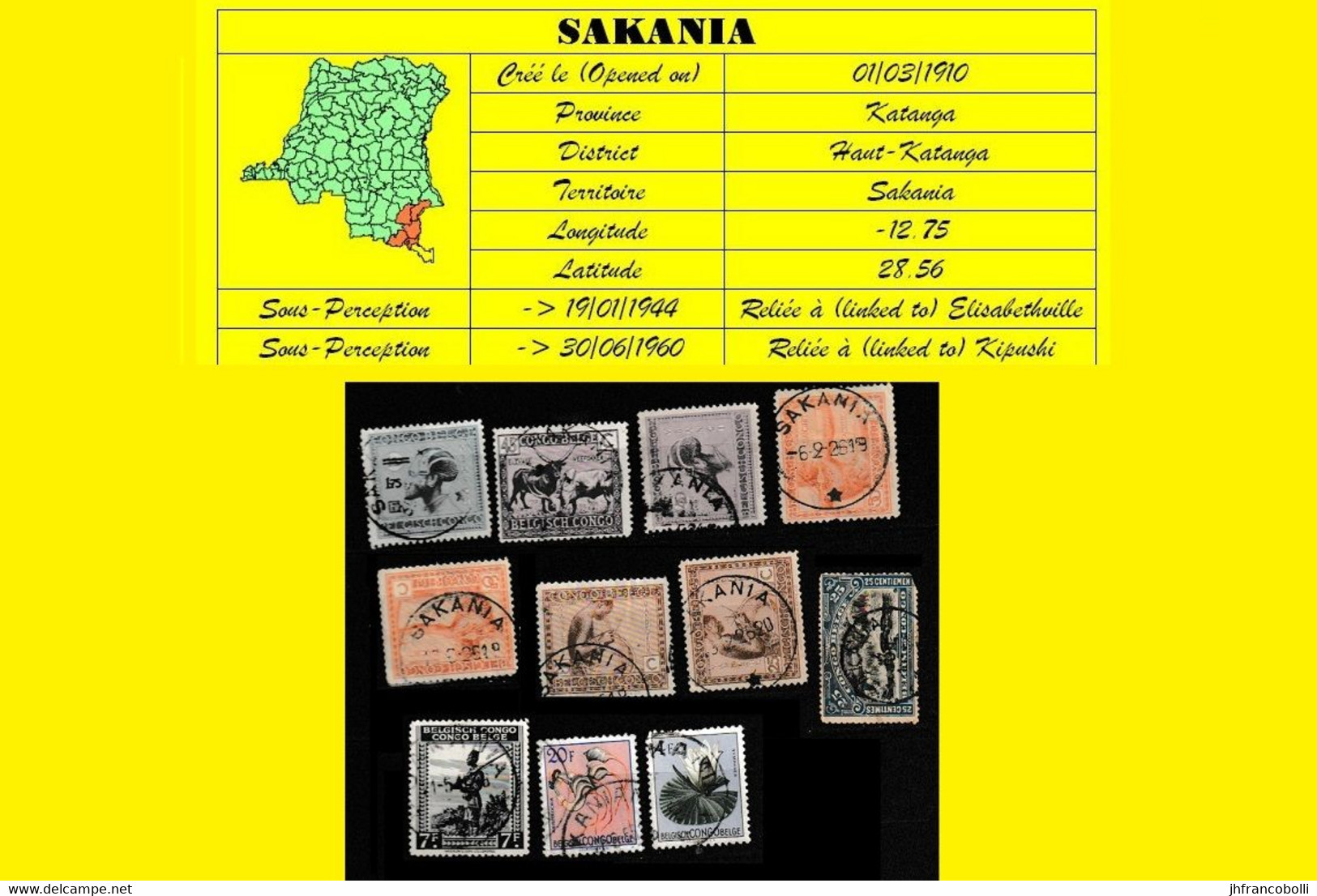 (°) BELGIAN CONGO / CONGO BELGE =  SAKANIA CANCELATION STUDY = 11 STAMPS (VARIA ) 1910/1952 PERIOD [E] - Variétés Et Curiosités