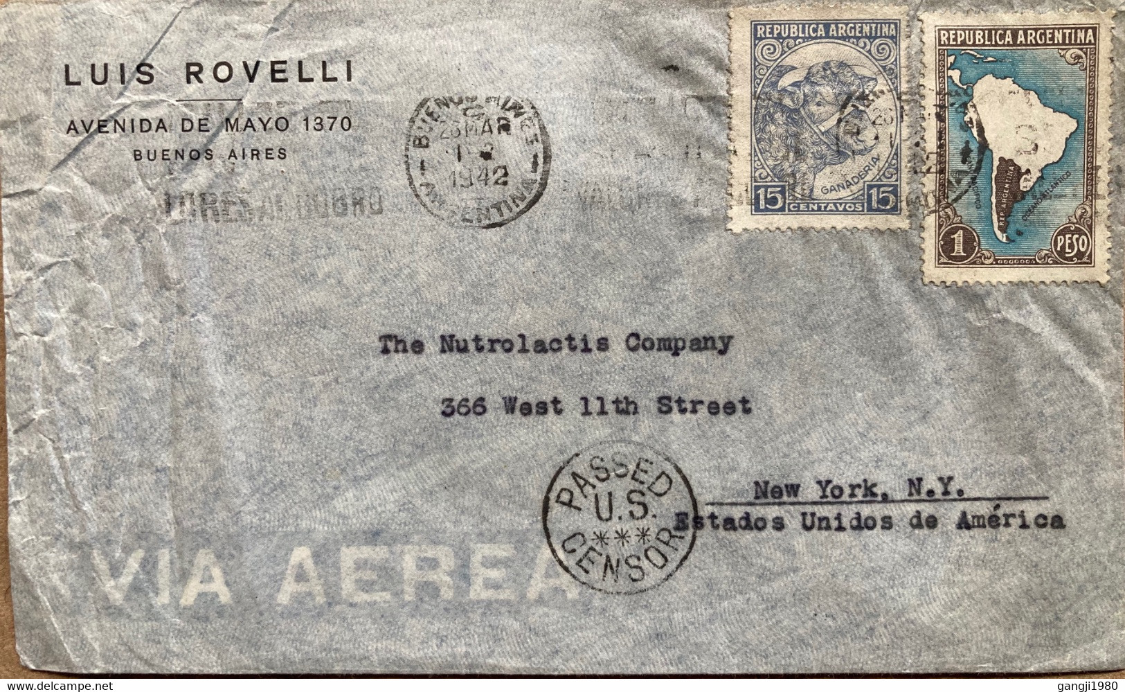 ARGENTINA-1942, WORLD WAR-2, COVER USED TO USA,PASSED US CENSOR CANCEL, PRIVATE COVER, LUIS ROVELLI, MAP, BUFFALO STAMP. - Cartas & Documentos