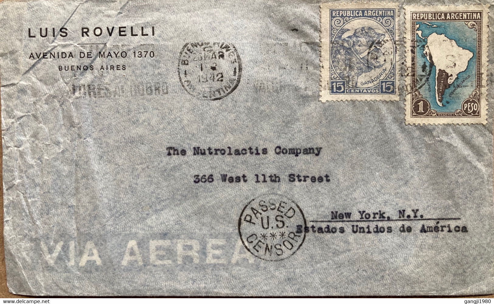 ARGENTINA-1942, WORLD WAR-2, COVER USED TO USA,PASSED US CENSOR CANCEL, PRIVATE COVER, LUIS ROVELLI, MAP, BUFFALO STAMP. - Brieven En Documenten