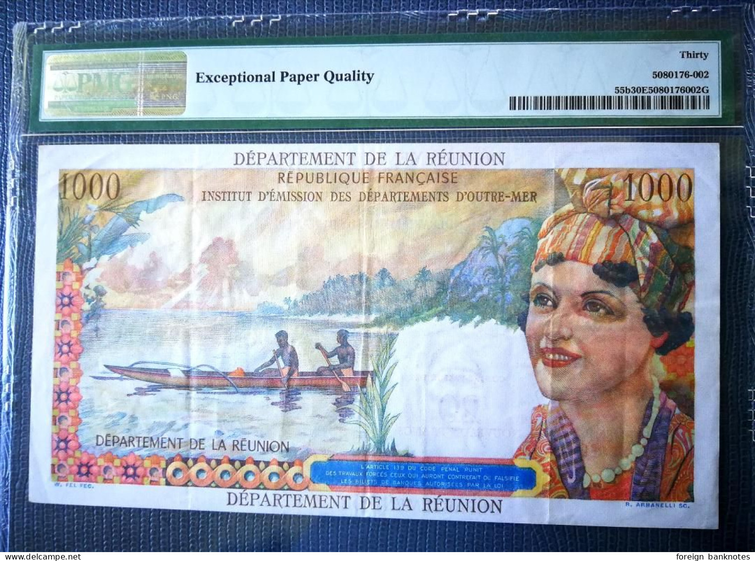 Exceptional Paper Quality PMG graded Reunion 20 New Francs on 1000 Francs 1971️ P-55