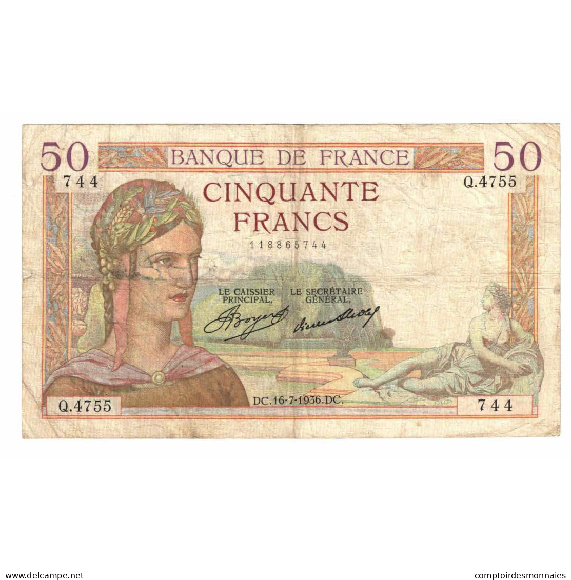 France, 50 Francs, Cérès, 1936, Q.4755, TB, Fayette:17.28, KM:81 - 50 F 1934-1940 ''Cérès''