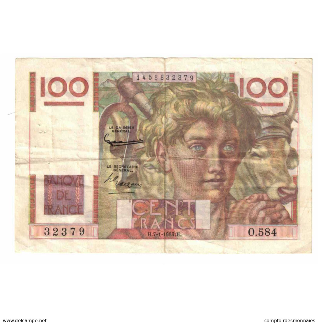 France, 100 Francs, Jeune Paysan, 1954, O.584, TTB, Fayette:28.41, KM:128d - 100 F 1945-1954 ''Jeune Paysan''