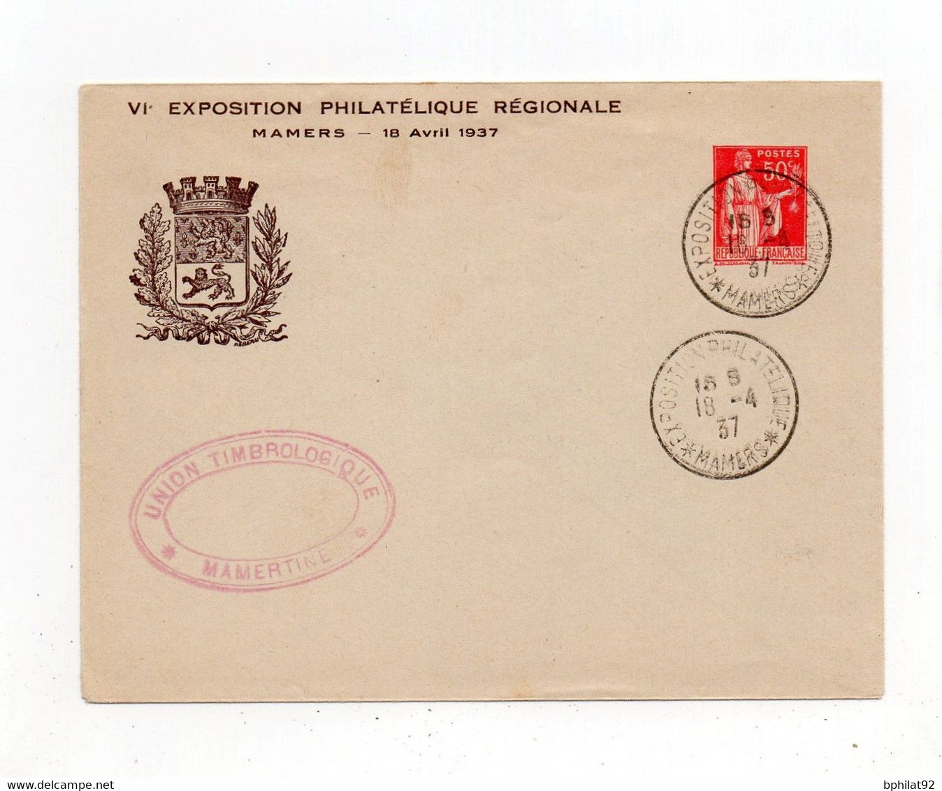 !!! ENVELOPPE ENTIER POSTAL 50C PAIX AVEC REPIQUAGE EXPO PHILATELIQUE DE MAMERS DE 1937 - Enveloppes Repiquages (avant 1995)