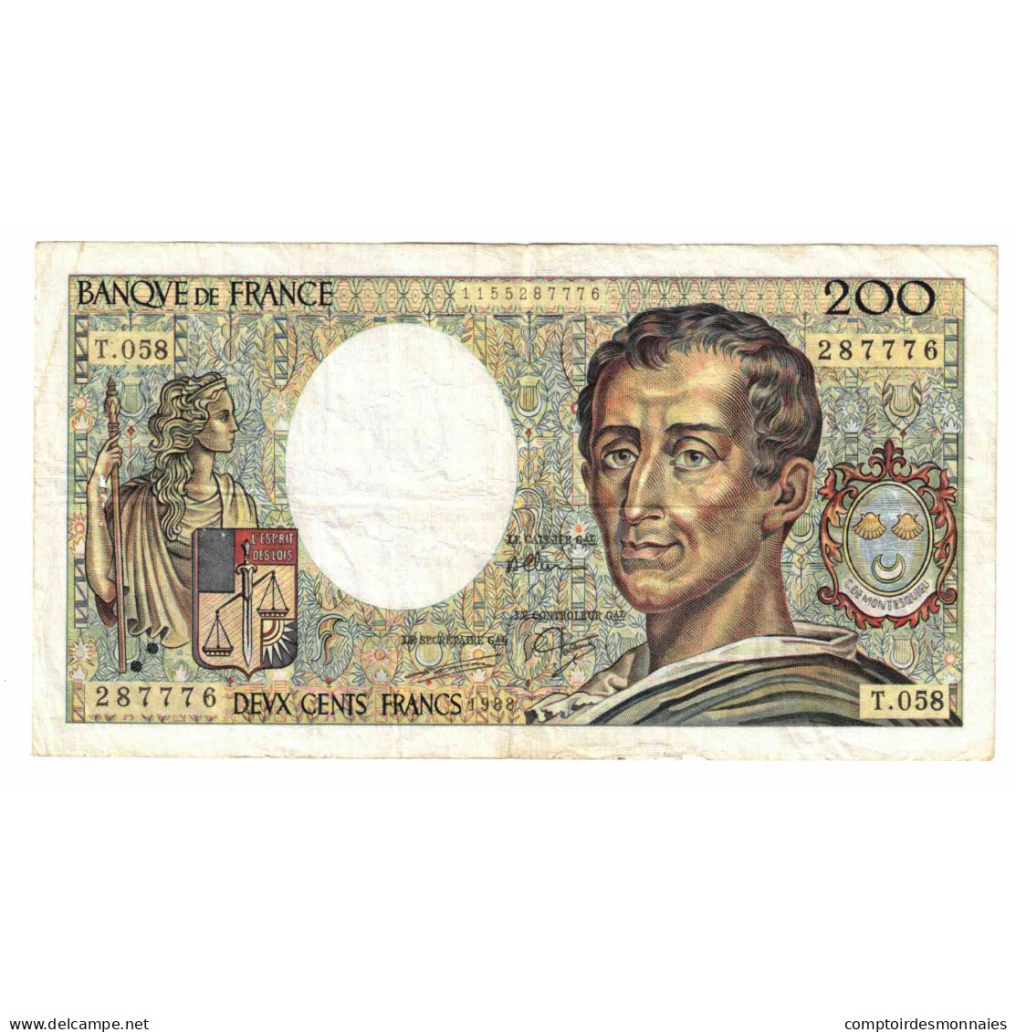 France, 200 Francs, Montesquieu, 1988, T.058, TTB, Fayette:70.08, KM:155c - 200 F 1981-1994 ''Montesquieu''