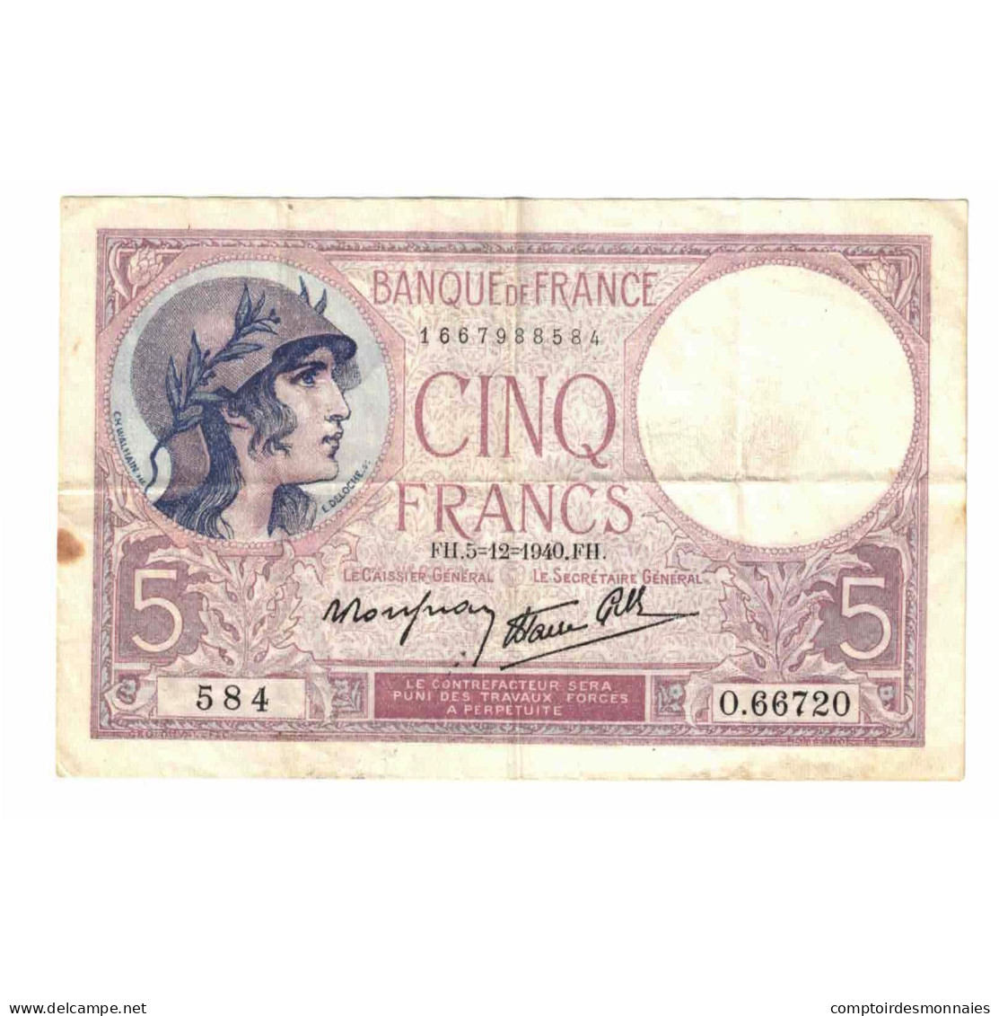 France, 5 Francs, Violet, 1940, O.66720, TTB, Fayette:04.16, KM:83 - 5 F 1917-1940 ''Violet''