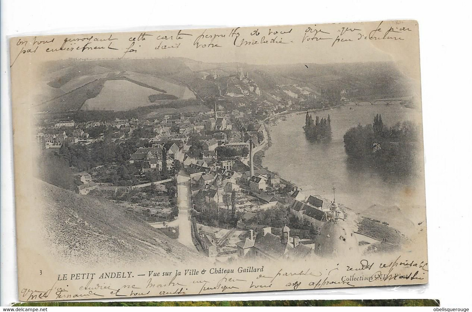 27 LE PETIT ANDELY VUE SUR VILLE ET CHATEAU GAILLARD PRECURSEUR 1902 ANDELYS 3 BEAUX CACHETS - Le Neubourg