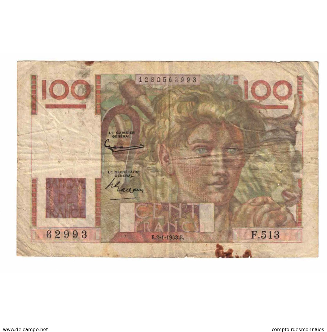 France, 100 Francs, Jeune Paysan, 1953, F.513, TTB, Fayette:28.35, KM:128d - 100 F 1945-1954 ''Jeune Paysan''