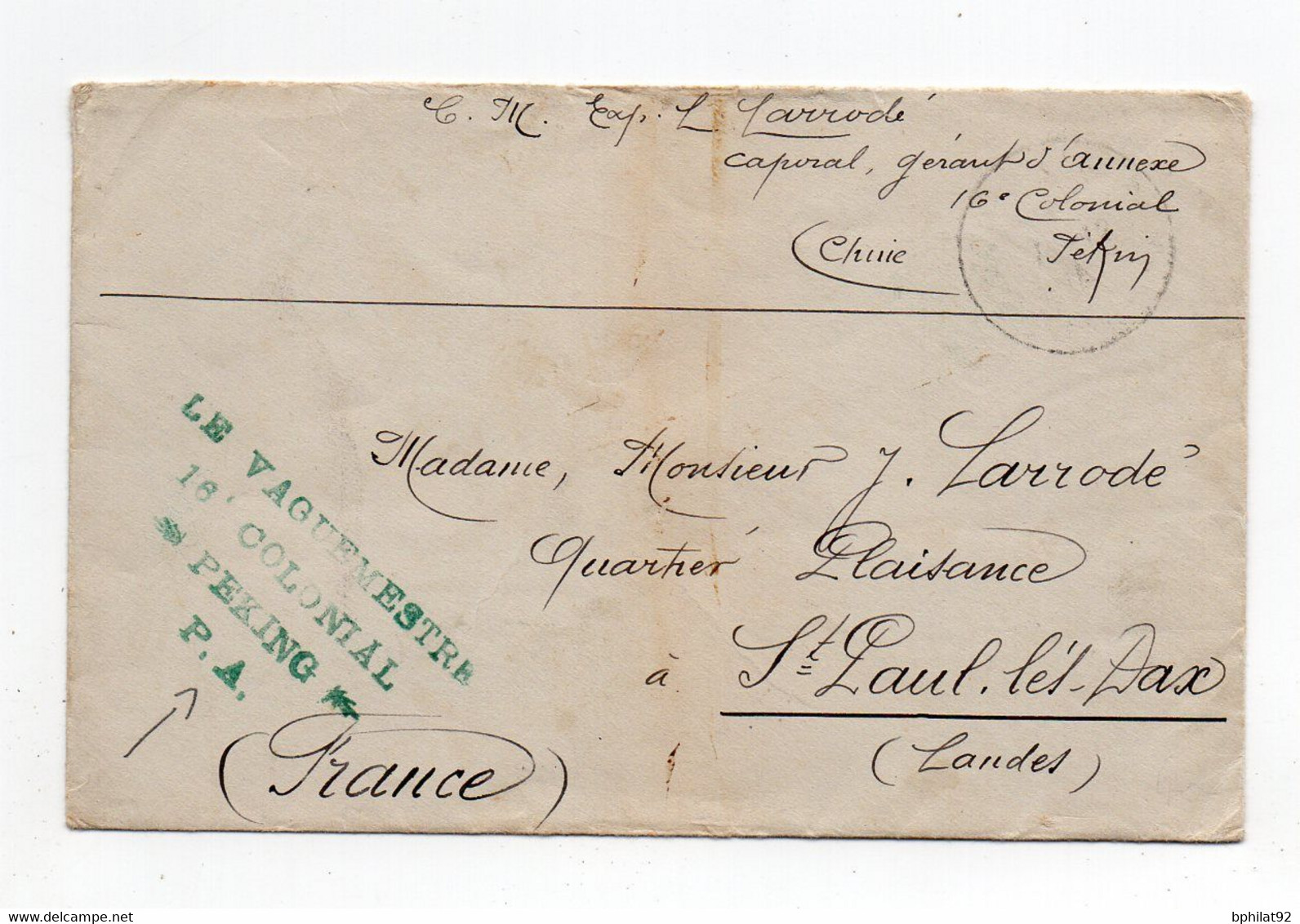 !!! CHINE, LETTRE EN FRANCHISE DE PEKIN DE 1917, CACHET LE VAGUEMESTRE 16E COLONIAL PEKING PA - Briefe U. Dokumente