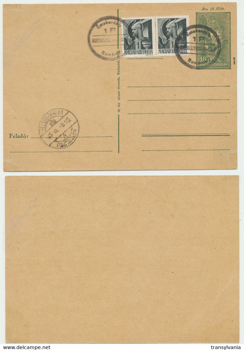 Romania Northern Transylvania December 1944 Odorhei Szekelyudvarhely Hand Overprinted Stationery Card 2x 1P On 18 Filler - Transsylvanië