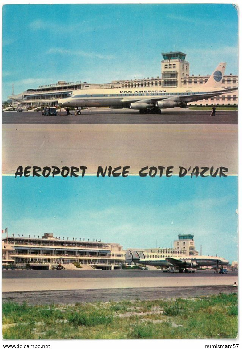 CP NICE - L'Aéroport NICE COTE D'AZUR - Multi Vues - 2 Vues - ( PAN AMERICAN - AIR FRANCE ) - Transport Aérien - Aéroport