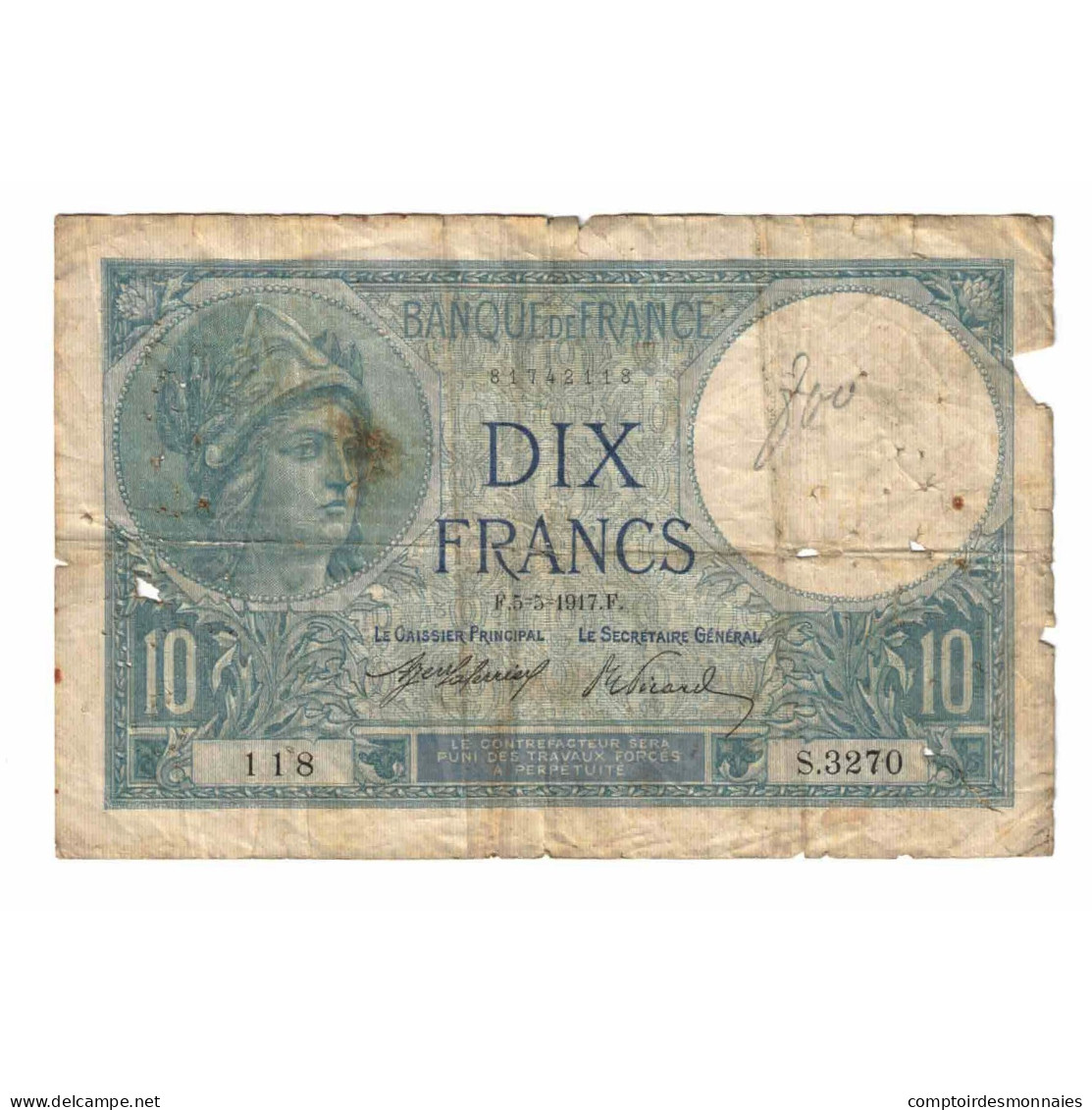 France, 10 Francs, Minerve, 1917, S.3270, AB, Fayette:06.02, KM:73a - 10 F 1916-1942 ''Minerve''