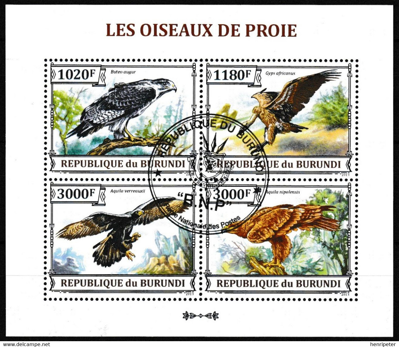 Petite Feuille De 4 Timbres-poste Dentelés Oblitérés - Les Oiseaux De Proie Buse Aigle Vautour - Burundi 2013 - Oblitérés