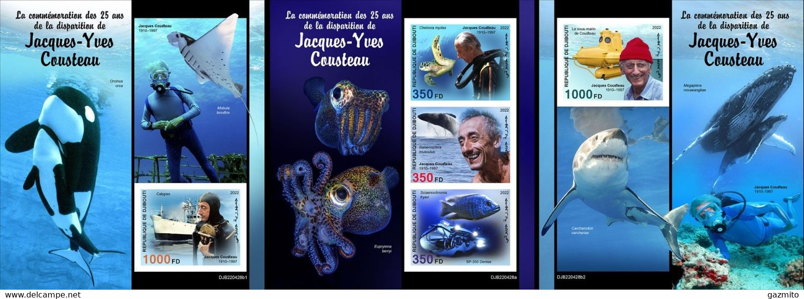 Djibouti 2022, Cousteau, Whales, Fishes, Diving, 3val In BF +2BF IMPERFORATED - Tauchen