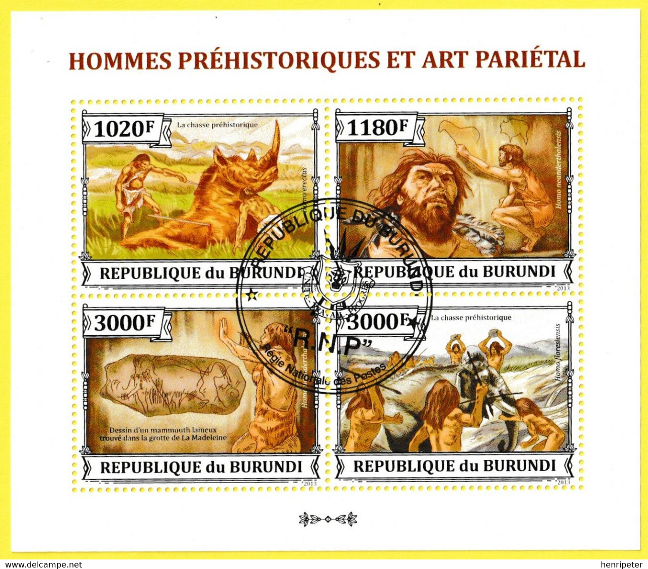 Petite Feuille De 4 T.-P. Dentelés Oblitérés Hommes Préhistoriques Et Art Pariétal - Michel 3253-3256KB - Burundi 2013 - Oblitérés