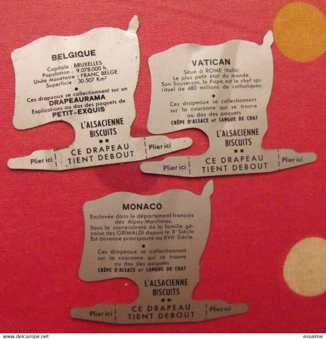 3 Plaquettes Drapeaux L'Alsacienne Drapeaurama Belgique Vatican  Monaco ... Drapeau. Lot 14 - Tin Signs (after1960)
