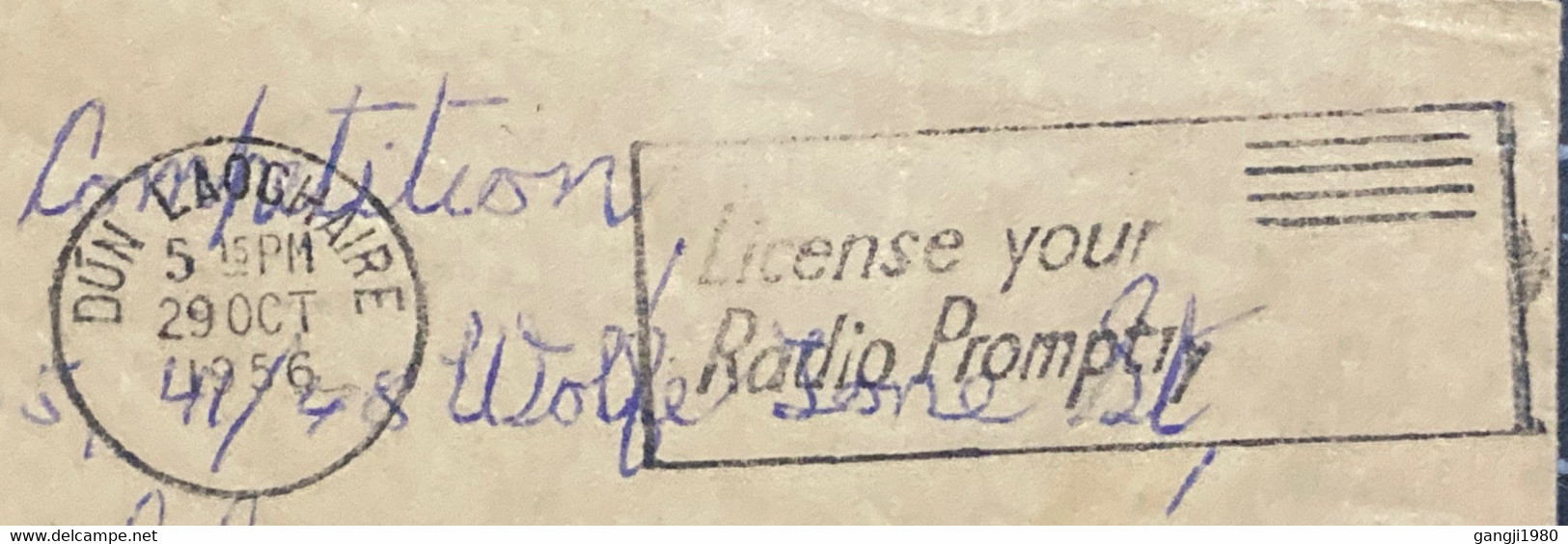 IRELAND-1956, USED COVER, MACHINE SLOGAN, LICENSE YOUR RADIO PROMPTLY, DUN LAOGHAIRE TOWN, 2 DIFF CANCEL,STATUE OF BARRY - Cartas & Documentos