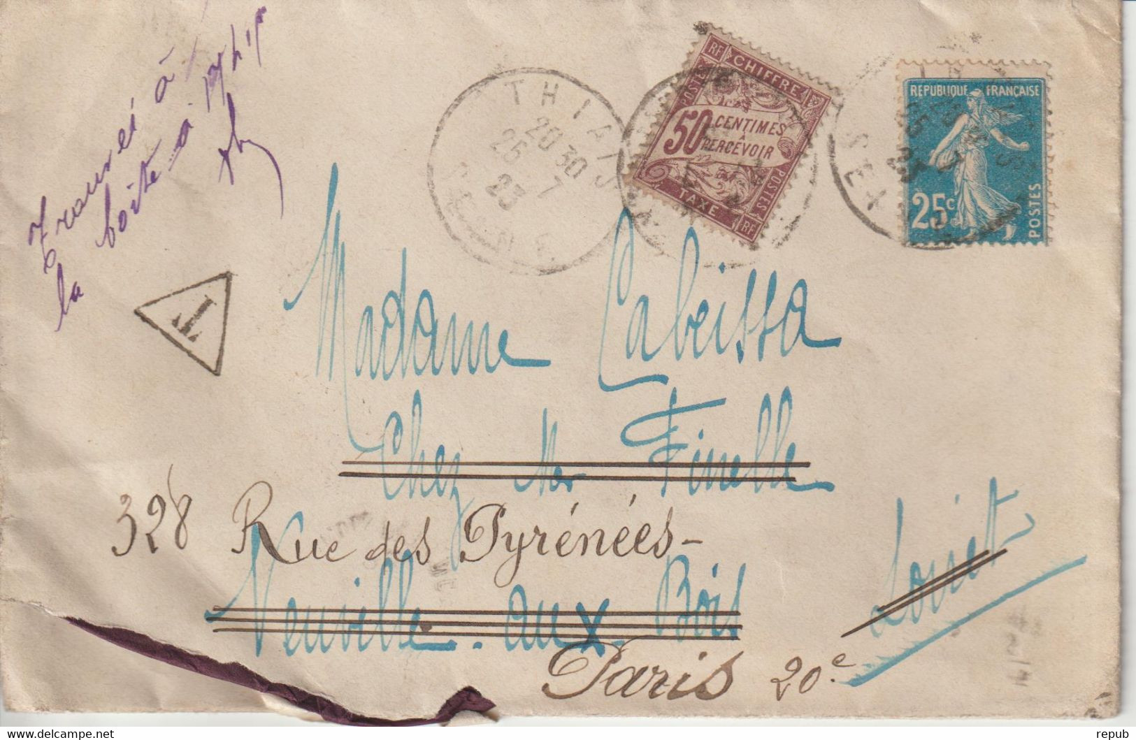 Lettre 1923 De Thiais Pour Le Loiret Et Réexpédition Sur Paris Avec Annotation Trouvée à La Boite - 1859-1959 Lettres & Documents