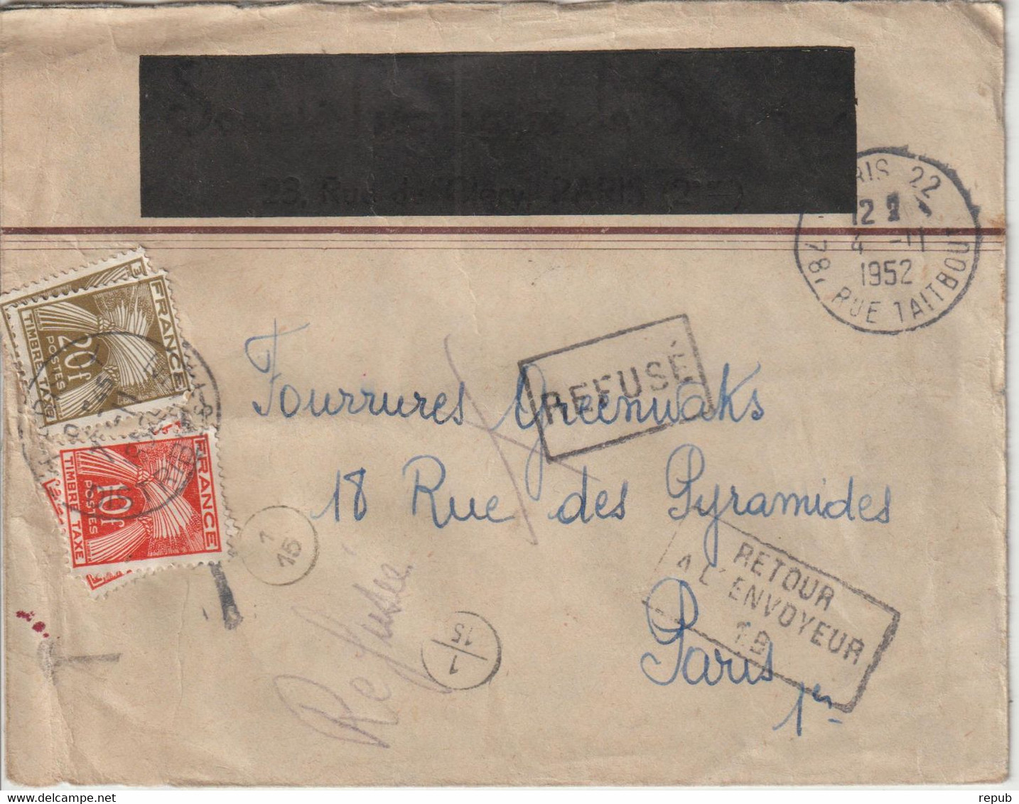Lettre Taxée 1957 De Paris Pour Paris Refusée Pour Cause De Taxe - 1859-1959 Lettres & Documents