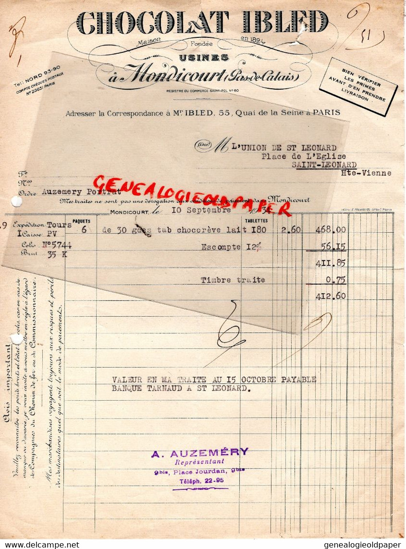 62- MONDICOURT- 75- PARIS- FACTURE CHOCOLAT IBLED- 55 QUAI DE LA SEINE- 1934  CHOCOLATERIE- - 1900 – 1949