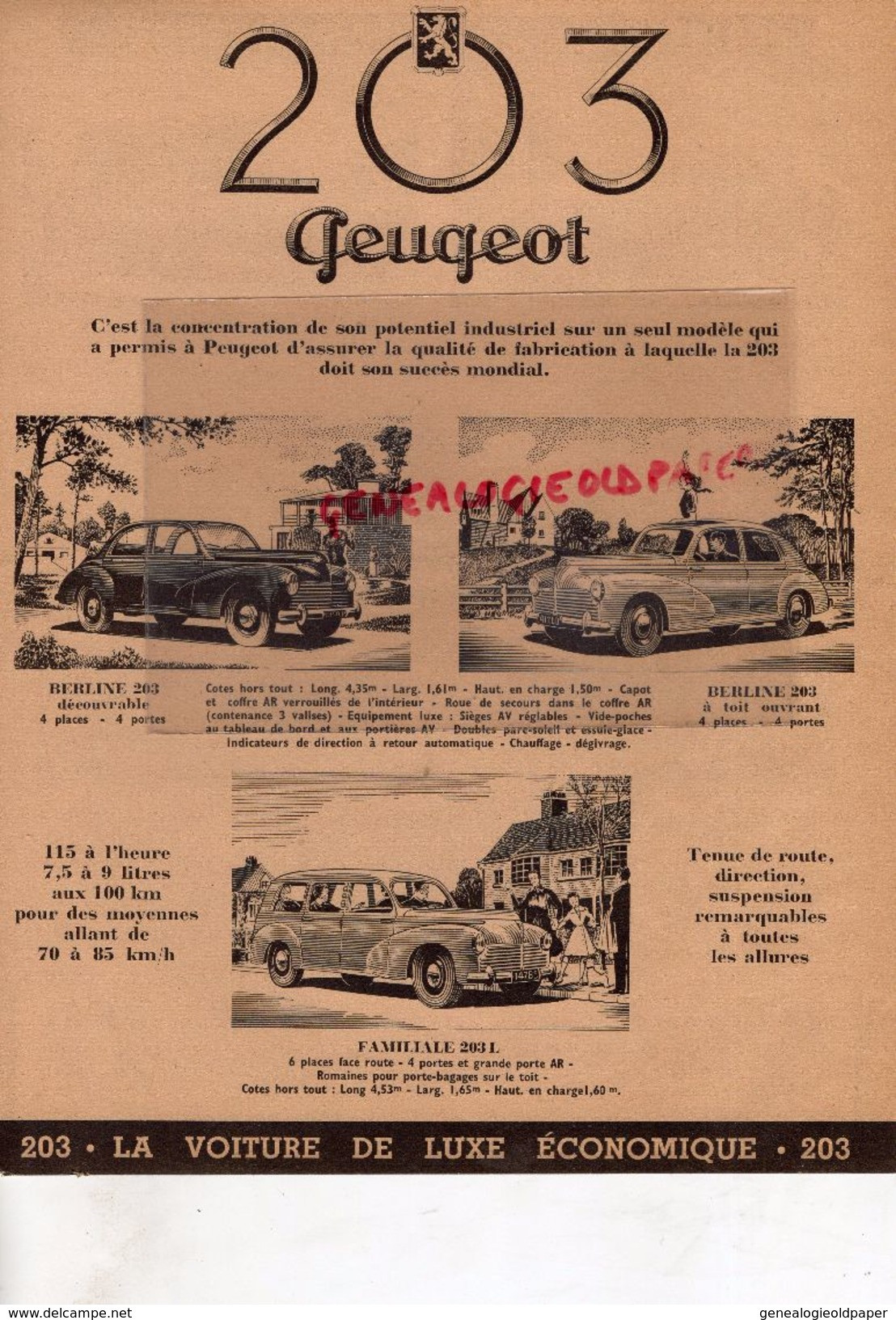 BELLE PUBLICITE PEUGEOT 203 - BERLINE - FAMILIALE- FOURGONNETTE-FOURGON- CAMIONNETTE-COMMERCIALE - Automobile