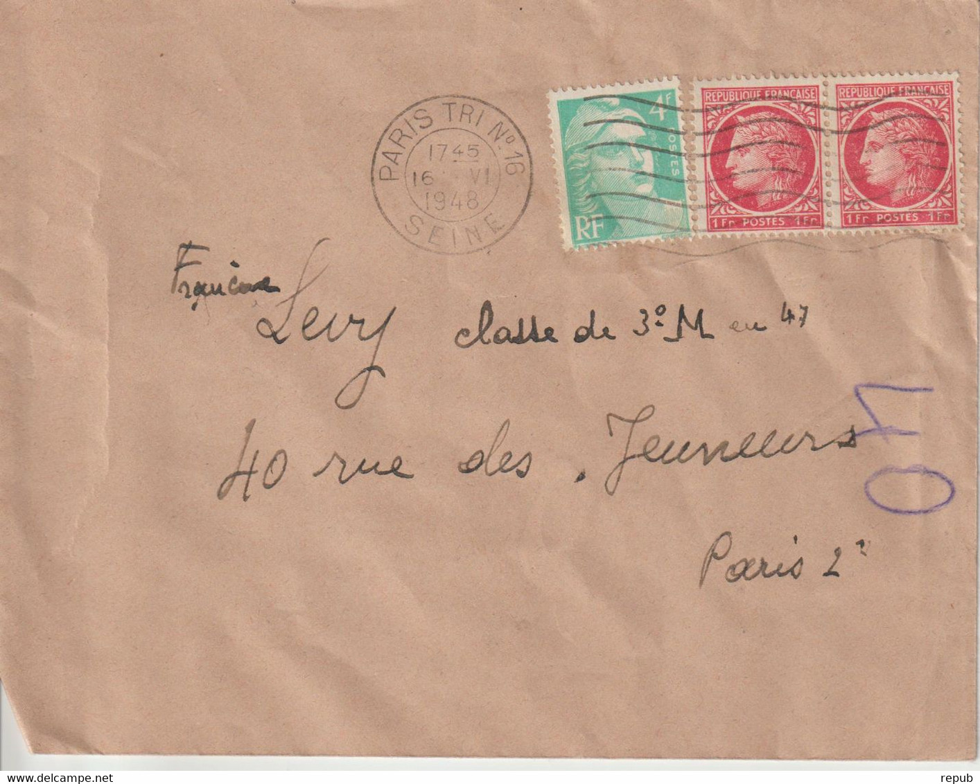 Lettre 1948 De Paris Pour Paris Oblitération Paris Tri N°16 - 1921-1960: Modern Tijdperk