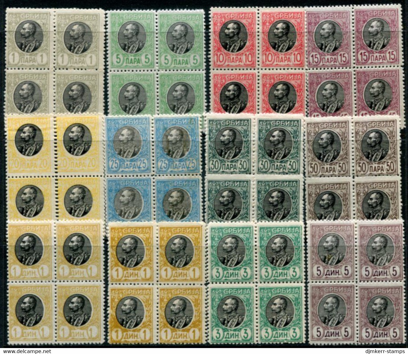SERBIA 1905 Definitive: King Peter  Set With Additional Shade Of 1 D. Blocks Of 4 **/*.  Michel 84-94 W Or X - Serbien