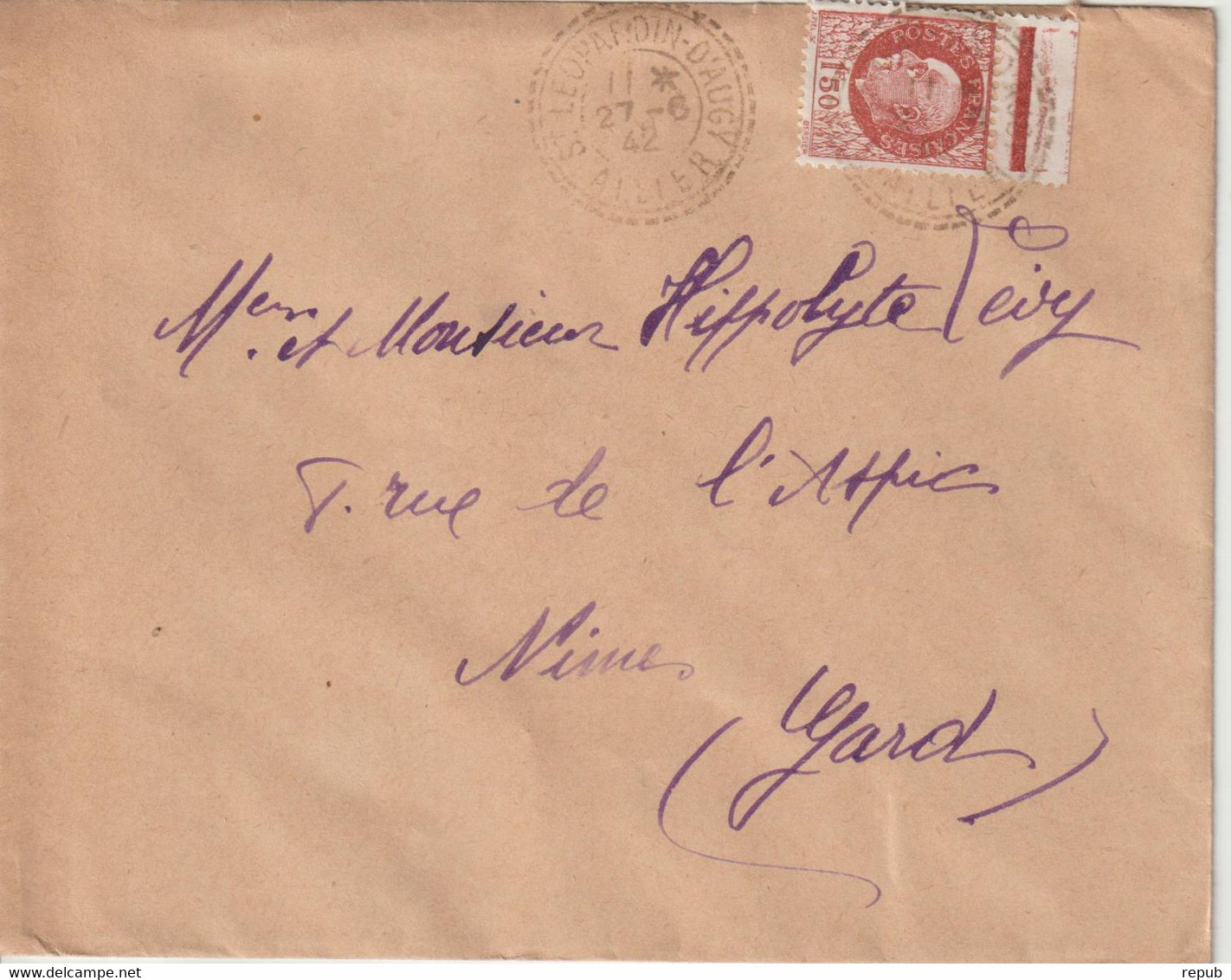 Lettre 1942 Pour Nimes Oblitération Cachet Perlé St Leopardin D'Augy (03) - 1921-1960: Modern Period