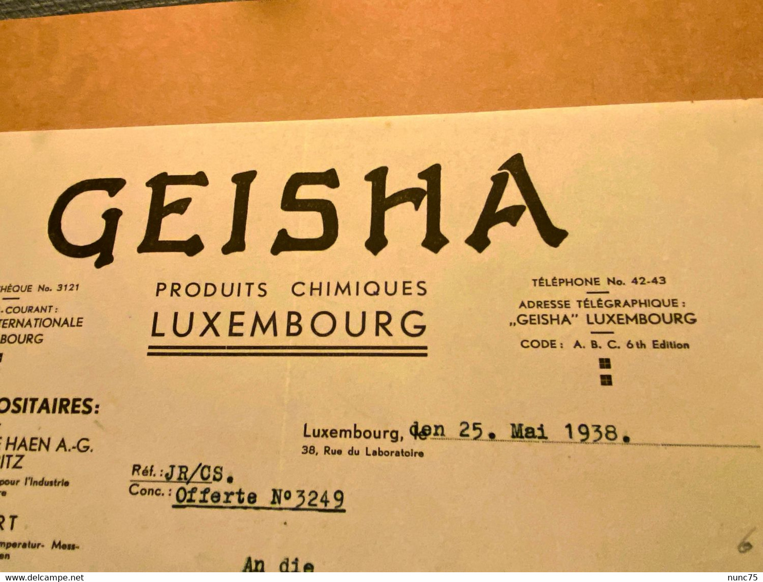 Facture Ancienne GEISHA Luxembourg 1938 Produits Chimiques - Luxembourg