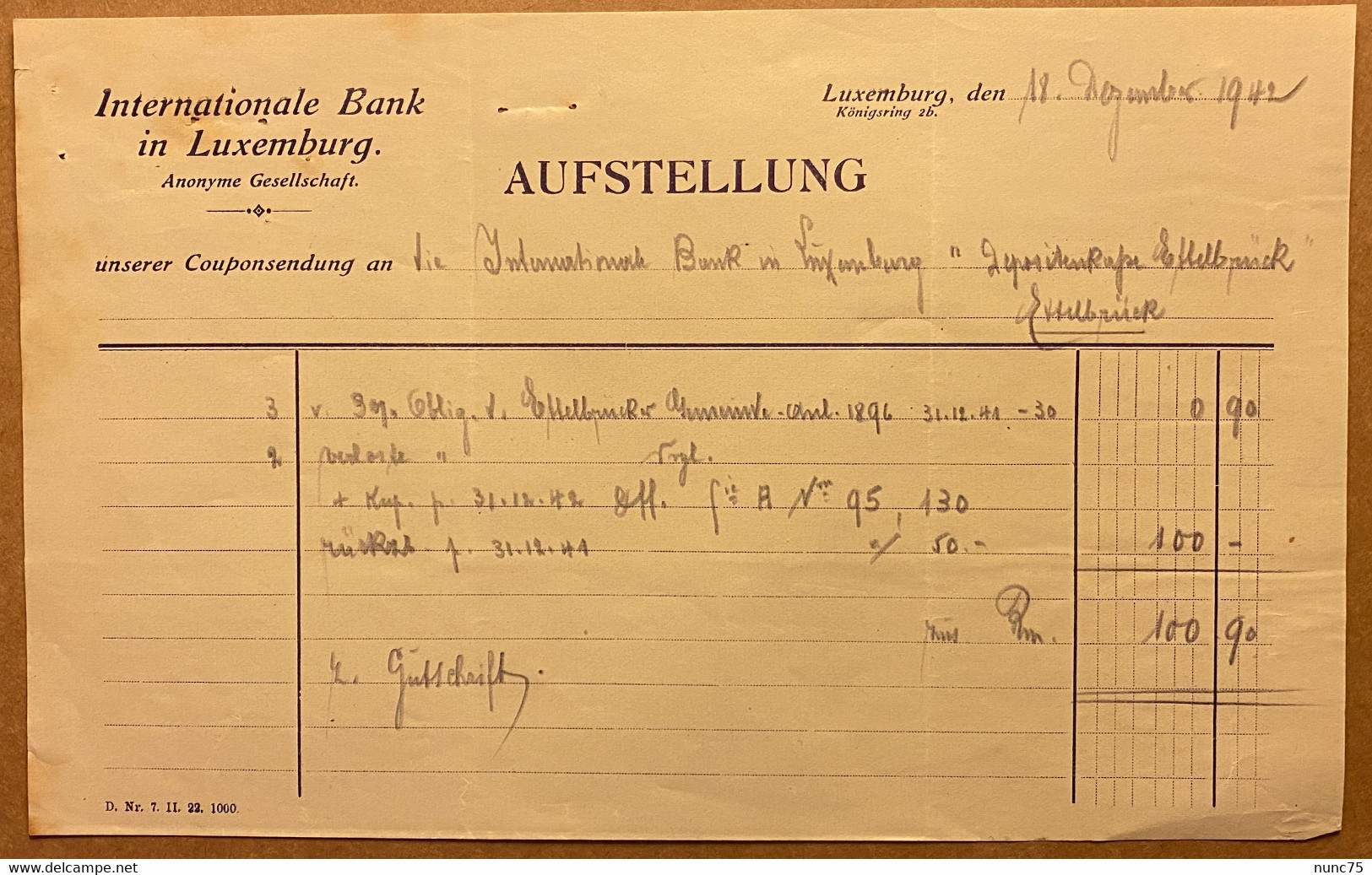 Facture Ancienne BANQUE INTERNATIONALE Luxembourg 1942 Banque BIL Bank Luxemburg  WW2  2. Weltkrieg - Luxemburg