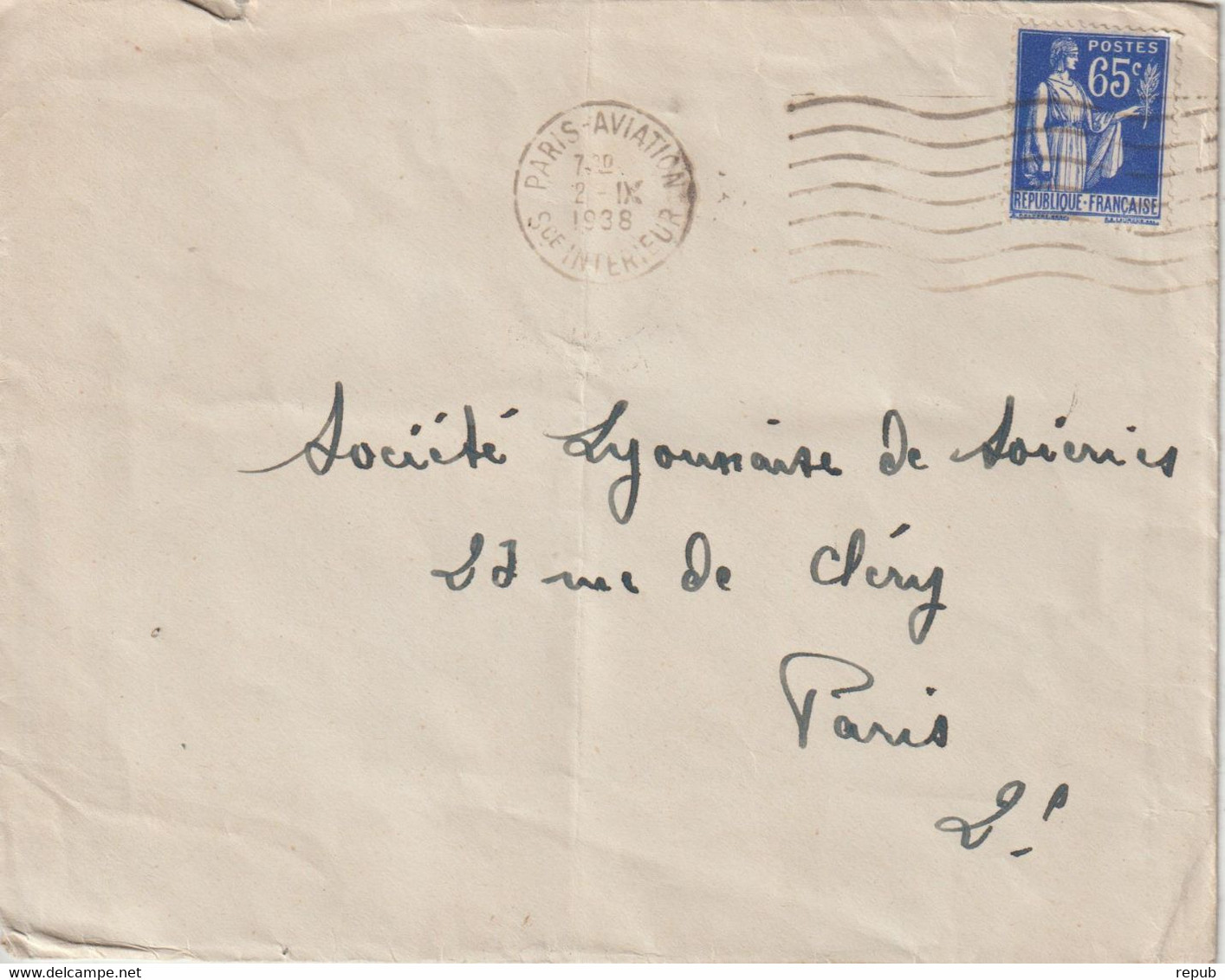 Lettre 1938 De Paris Pour Paris Oblit. Frankers Paris Aviation Sce Int - 1921-1960: Modern Tijdperk