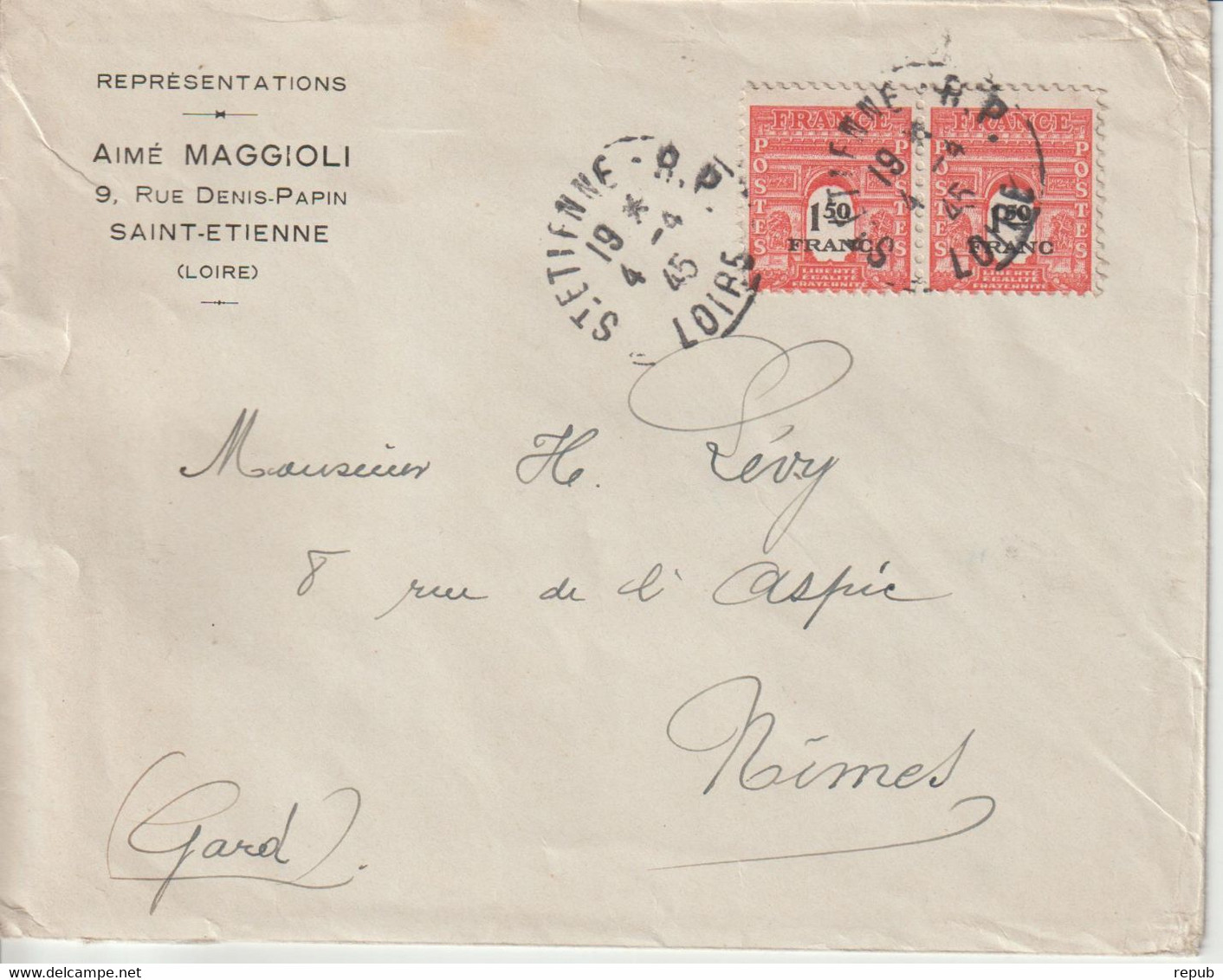 France 1945 De St Etienne Pour Nimes Avec 708 En Paire - 1921-1960: Periodo Moderno