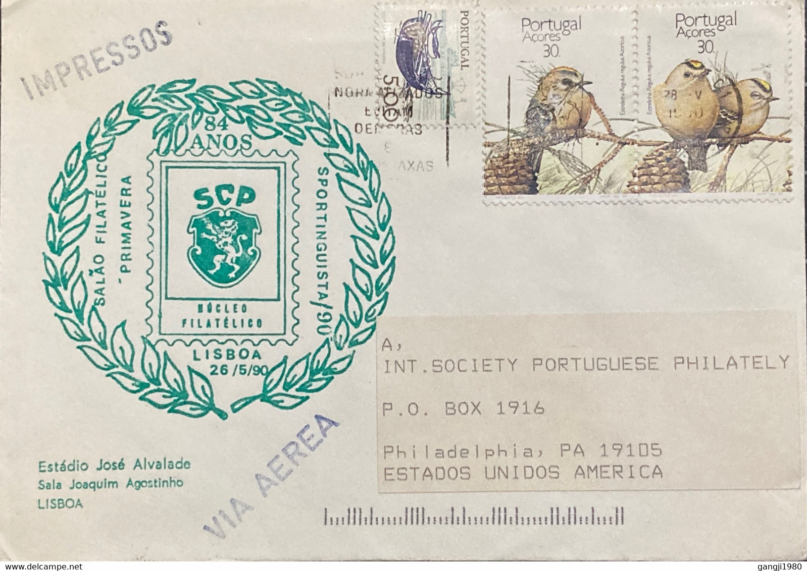 PORTUGAL - AZORES COMBO 1990. SPECIAL LION ILLUSTRATED COVER, USED TO USA , BIRD SE TENANT STAMP,SPORT PHILATELY CLUB WI - Storia Postale