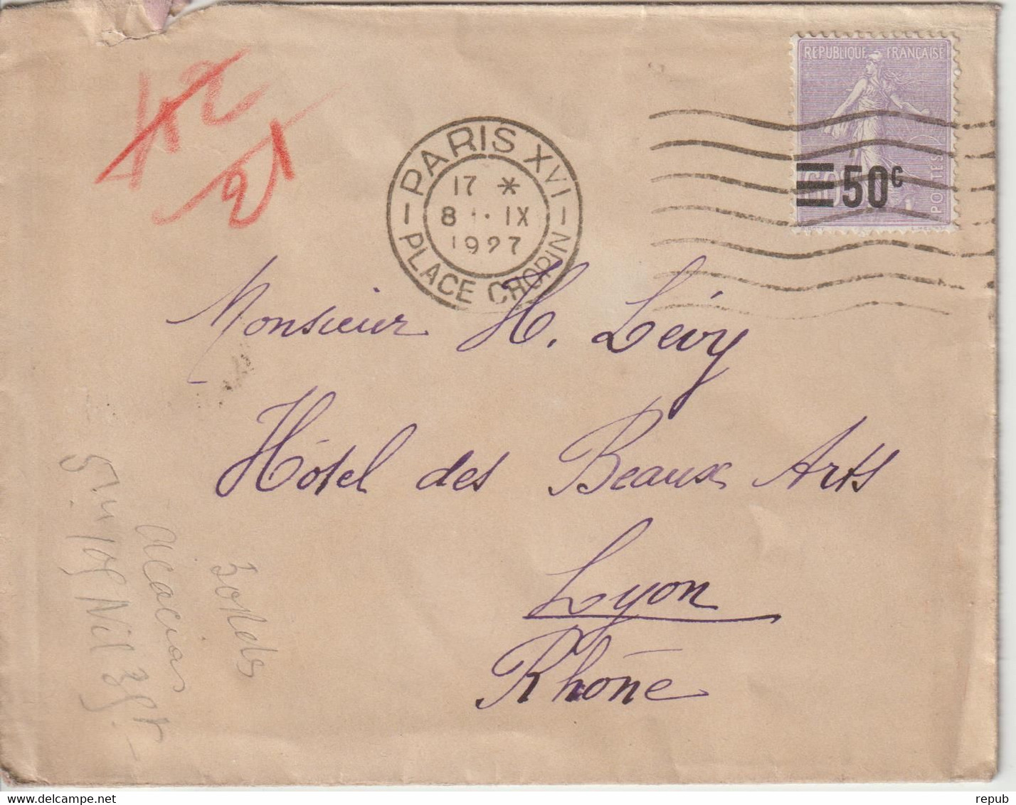 France Lettre 1927 De Paris XVI Pour Lyon Avec 223 Seul Sur Lettre - 1921-1960: Moderne