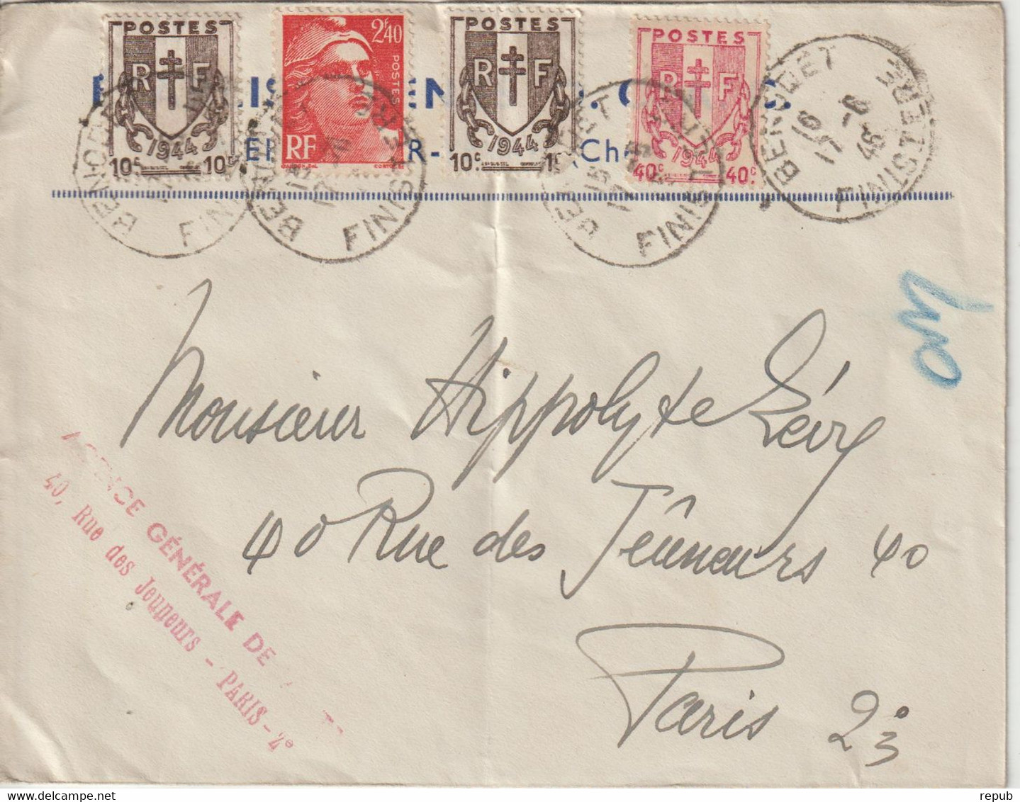 France Lettre 1946 De Benodet Pour Paris - 1921-1960: Période Moderne