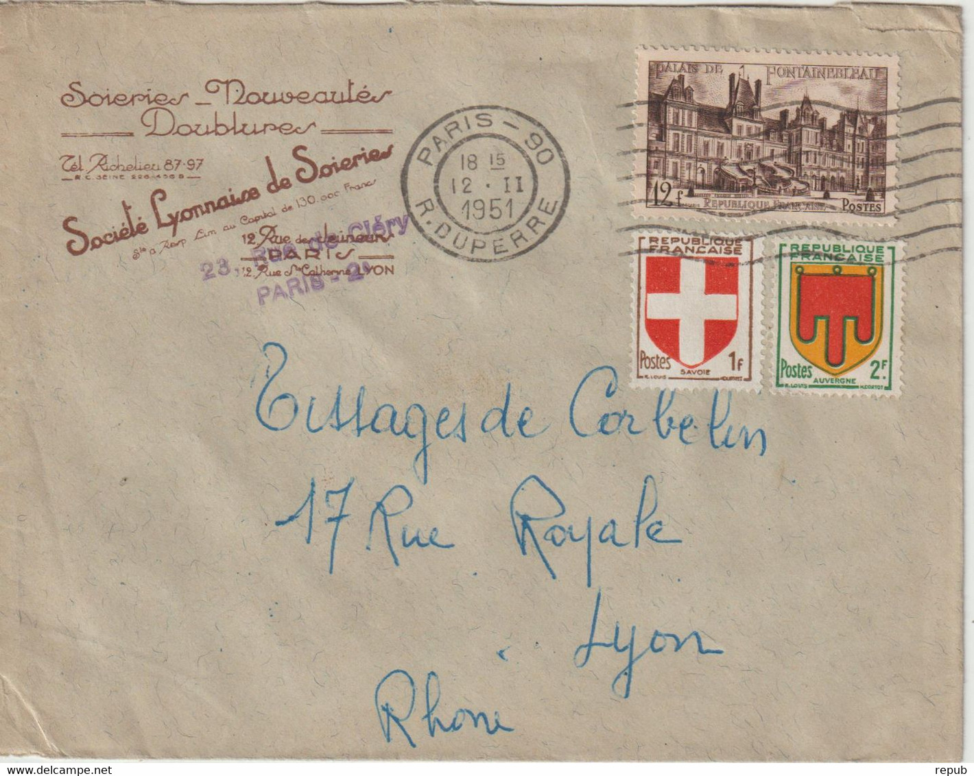 France Lettre 1951 De Paris 90 Pour Lyon - 1921-1960: Période Moderne