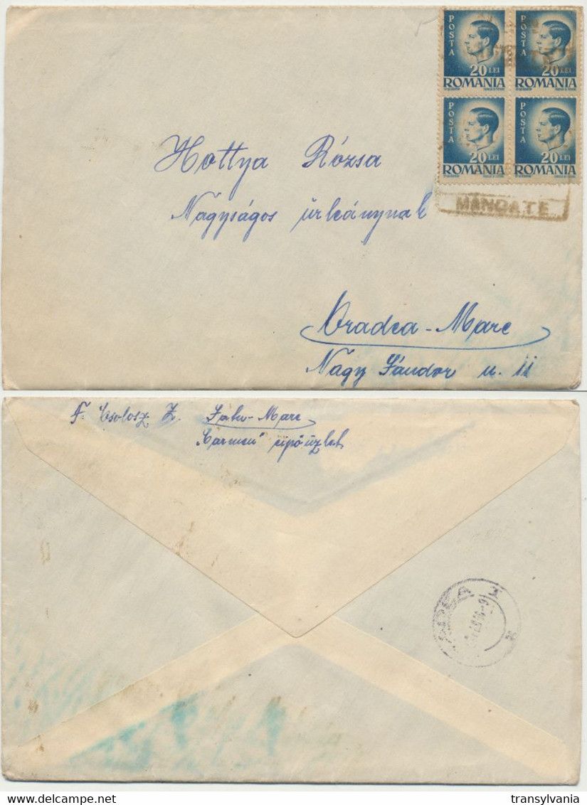 Romania Inflation Cover Mailed In The Northern Transylvania In February 1946 80 Lei Rate Block Of 4 Stamps Rare Postmark - Transylvania