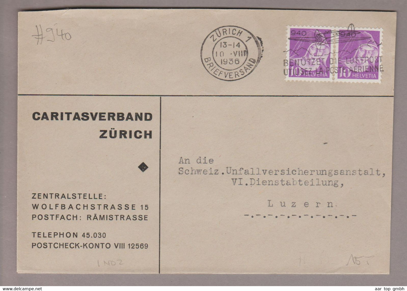 CH Portofreiheit Zu#15z Paar 10Rp. GR#940 Brief 1936-08-10 Zürich "Caritasverband Zürich" - Portofreiheit