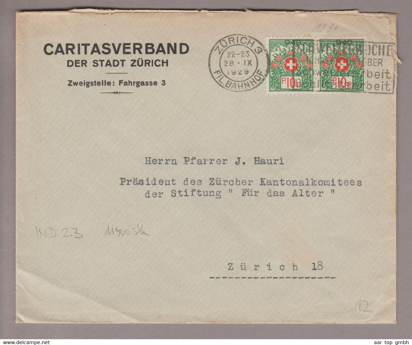 CH Portofreiheit Zu#12A Paar 10Rp. GR#940 Brief 1929-09-28 Caritasverband Zürich - Franchigia