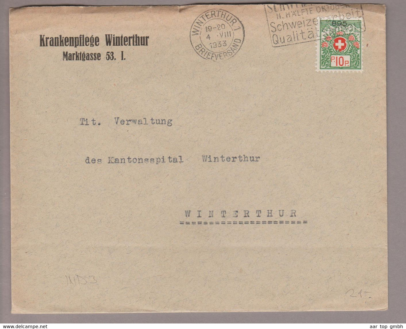 CH Portofreiheit Zu#12A 10Rp. GR#895 Brief 1933-08-04 Winterthur "Krankenpflege Winterthur" - Franchigia