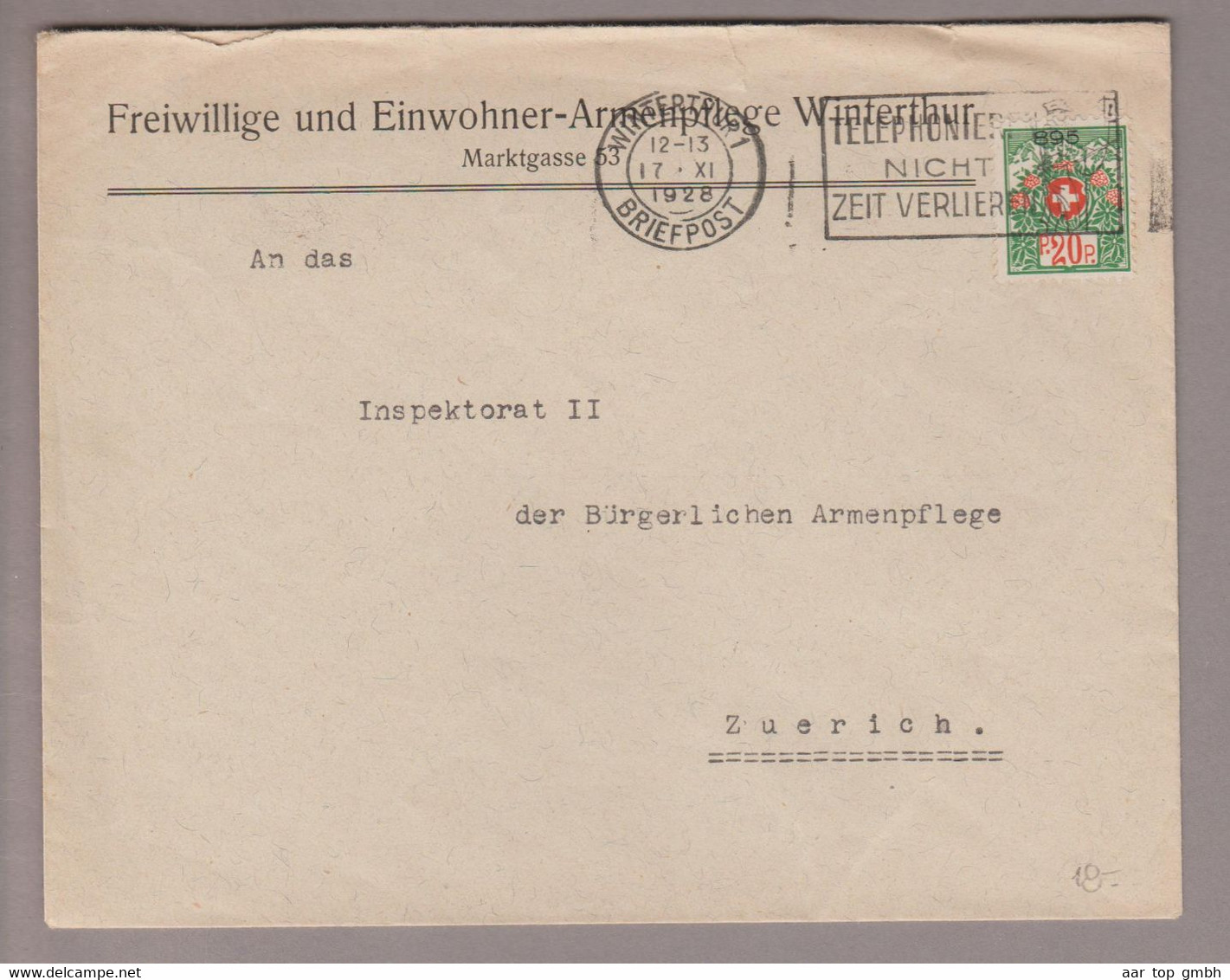 CH Portofreiheit Zu#13A 20Rp. GR#895 Brief 1928-11-17 "Freiwillige Und Einwohner-Armenpflege" Winterthur - Vrijstelling Van Portkosten