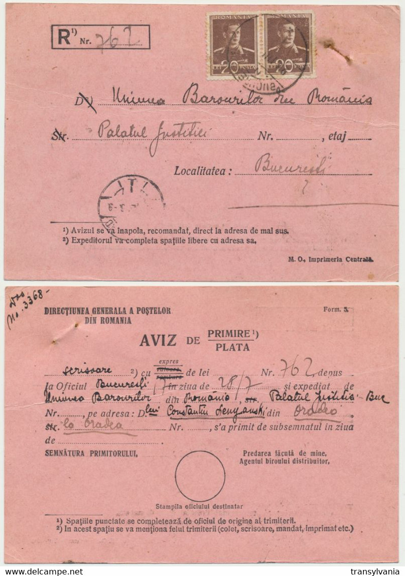 Romania July 1945 Return Recept With Very Late Use Of Nagyvarad Hungary Postmark At Oradea - Transylvanie