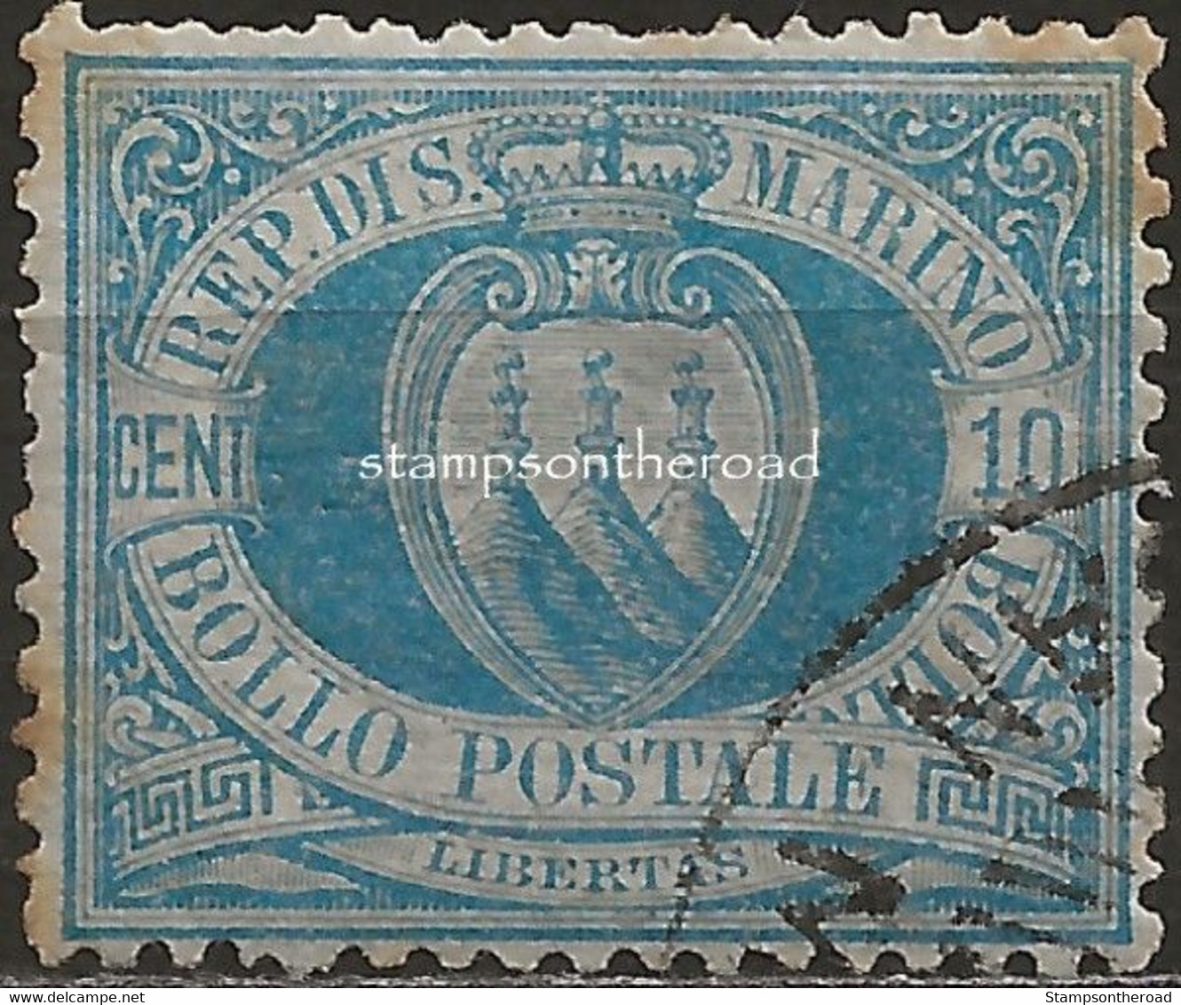 SM3aU - San Marino 1877/90, Sassone Nr. 3a, 10 Cent. Oltremare Chiaro - Gebruikt