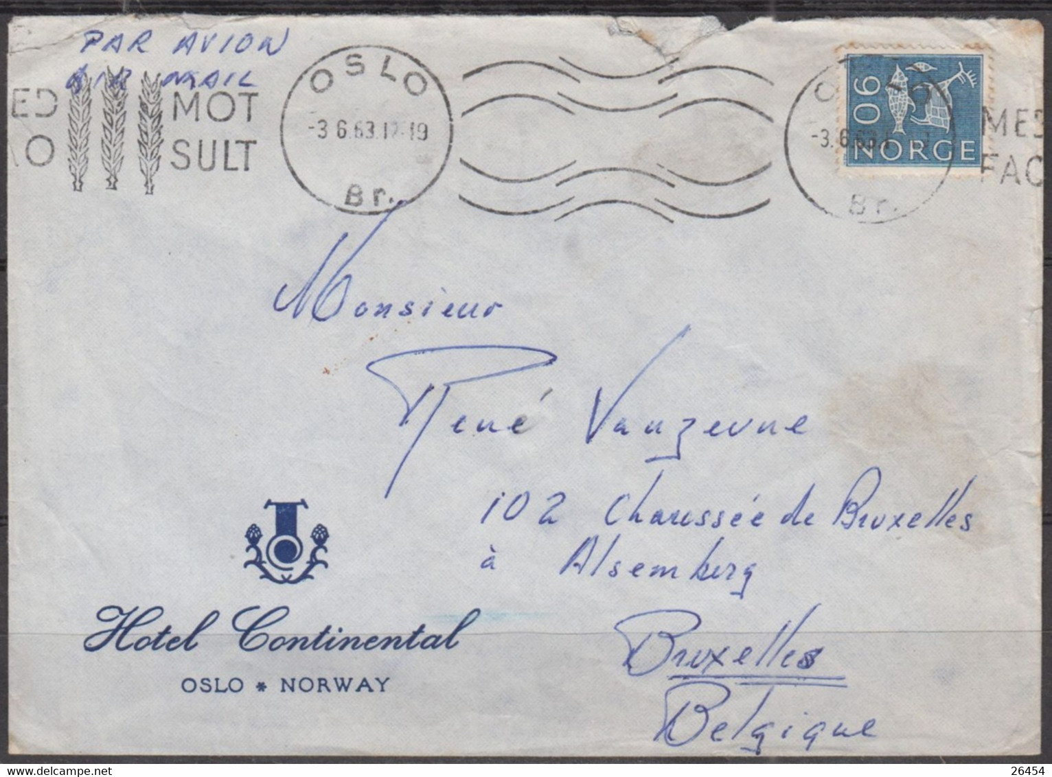 NORVEGE 90 Ore Bleu Y.T. 449 SEUL Sur Enveloppe Pub " HOTEL CONTINENTAL " De OSLO Le 3 6 1963  Pour BRUXELLES Belgique - Storia Postale